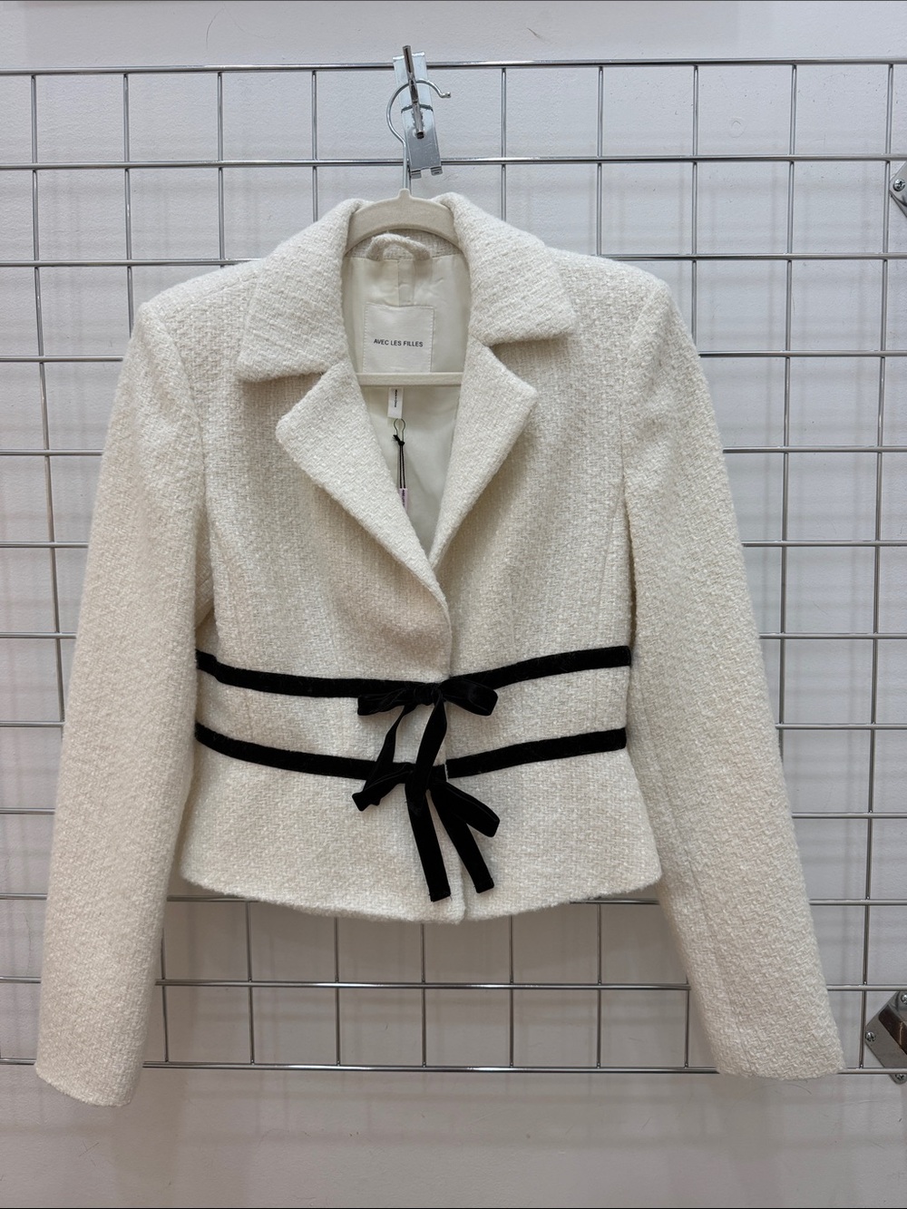 Avec Les Filles Ivory Bouclé Blazer with Black Ribbon Ties